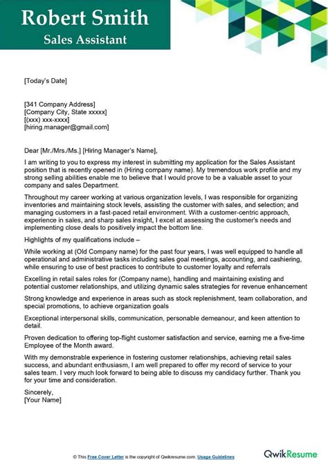 sales assistant cover letter examples